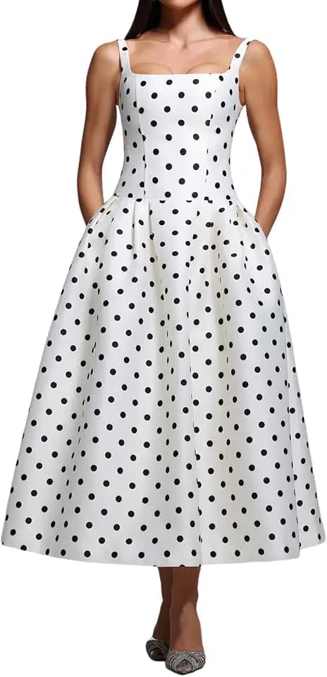 BELLA BARNETT White Spaghetti Strap Satin Polka Dot Dress for Women Maxi Vintage Pleated Prom Homecoming Dress