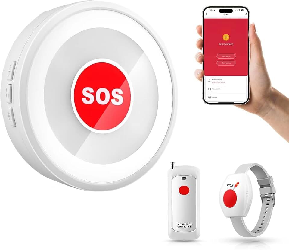 Caregiver Pager Life Alert Systems for Seniors No Monthly Fee Wi-Fi APP Control Elderly Alarm Call Button Panic Alarm for 1 Call Button 1 Watch Button 1 Receiver(Only Supports 2.4GHz Wi-Fi)