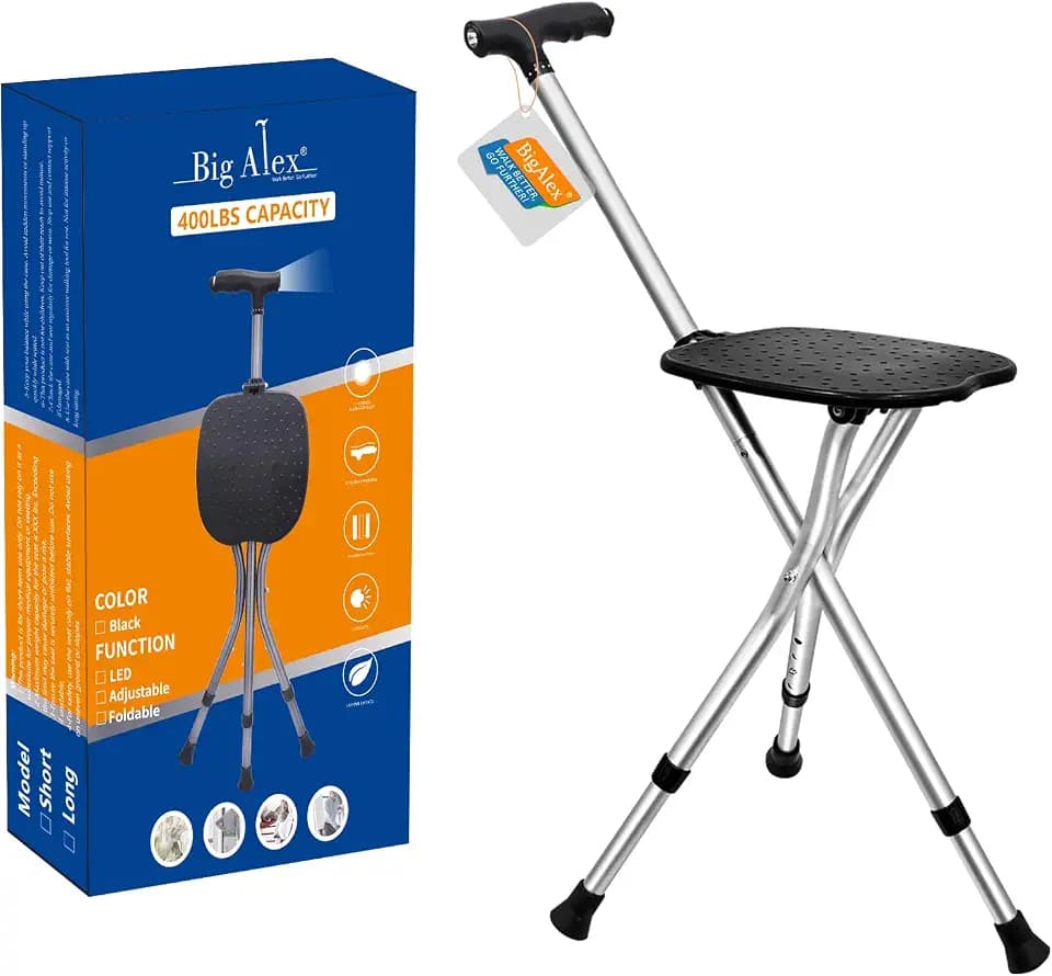 BigAlex Alloy Folding Cane with Seat, Lightweight Adjustable Walking Cane with Seat, Cane Seat with LED for Seniors, Cane Chair for Woman/Man,Anti-Slip Walking Stick for Seniors