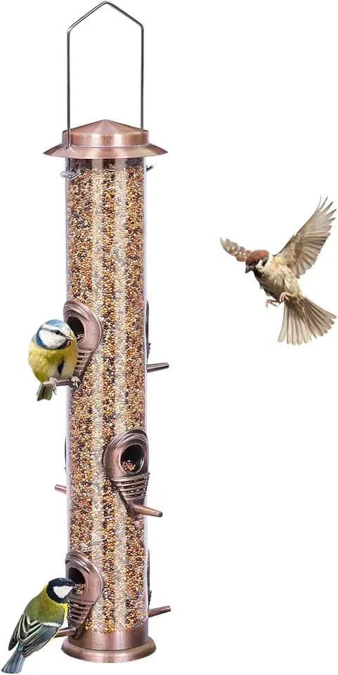 ERYTLLY Metal Bird Feeder for Wild Birds - 1.4mm Extra Thick Solid Transparent Tube With Steel Hanger, Squirrel Proof for Outside (Antique Copper-Metal 6 Feeding Ports)