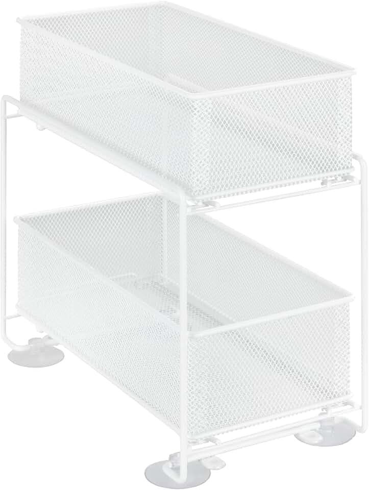 WENKO Schubladenregal Gioma, hochwertiger Organizer mit 2 Etagen und Korb-Auszug für Küchenschrank oder Arbeitsplatte, Küchenregal aus pulverbeschichtetem Metall, 35 x 33 x 18 cm, Weiß, 69769800
