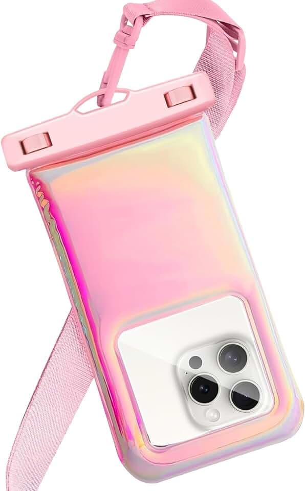 Floatable Waterproof Phone Pouch Case for iPhone 17 16 Pro Max/15/14/13/12, IP68 Travel Cellphone Dry Bag, Beach Cruise Ship Essentials Bags with Crossbody Lanyard,Iridescent Pink(1 Pc)