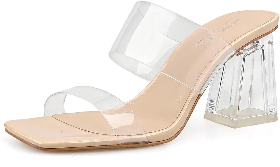 BCTEX COLL Women's Clear Heeled Sandals Two Strap Chunky Block Heels