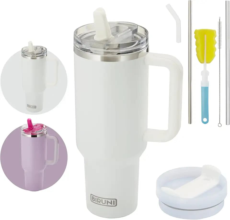 Thermobecher mit Strohhalm – Thermobecher 1,18l – doppelwandiger, vakuumisolierter Trinkbecher mit Deckel und Strohhalm, Reisebecher, Kaffeebecher Isolierbecher für heiße und kalte Getränke (Weiß)
