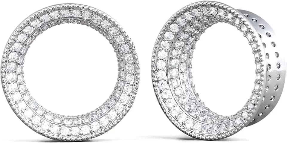 PONWAG 1 Pair 0g 00g 8mm-30mm Classic Ear Gauge Luxury White Zircon Hollow Ear Plug Gauges Single Flare Tunnels For Ear Stretcher Expander Women Body Piercing Jewelry