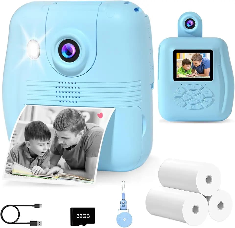 GKTZ Kids Camera Instant Print - 2.4" Eye-Care Digital Video Camera for Toddlers & Kids Ages 3-12, with 3 Rolls Paper & 32GB SD Card, 1080P, 18 Frames, Birthday Christmas Valentines Gifts for Girls