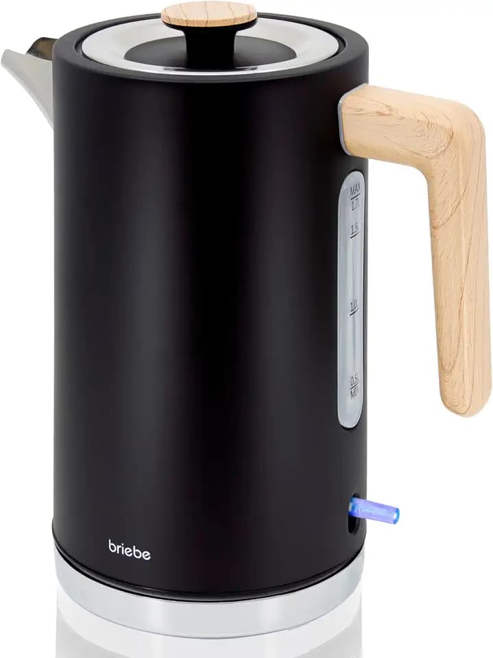 briebe Nordic Wasserkocher 1,7L Elektrischer Teekocher 2200W Schnell Aufheizender, BPA-frei, 360° Sockel, Strix Controller, Automatische Abschaltung, Kabellos, Nordisches Design, Holzoptik, Schwarz
