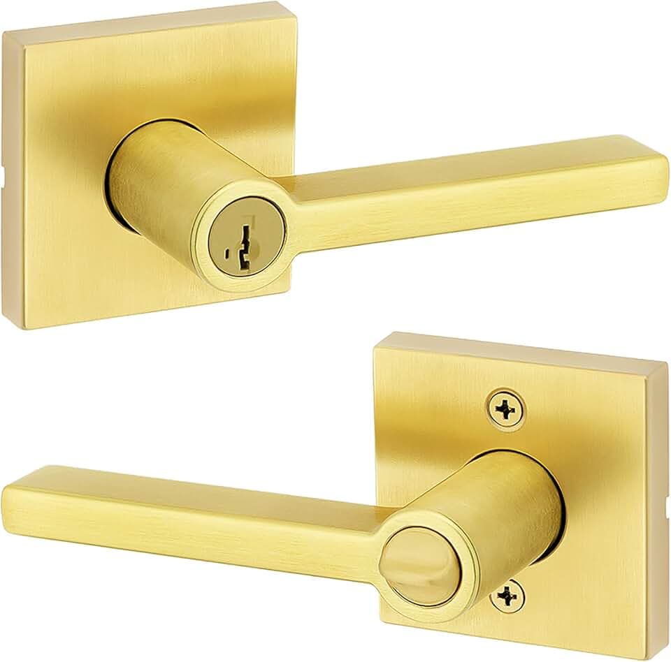 Kwikset Halifax Eingangstürgriff mit Schloss und Schlüssel, sicher schließend, wendbarer Hebel außen, für Vordereingang und Schlafzimmer, satiniertes Messing, bruchsicher, Smartkey Rekey Security und