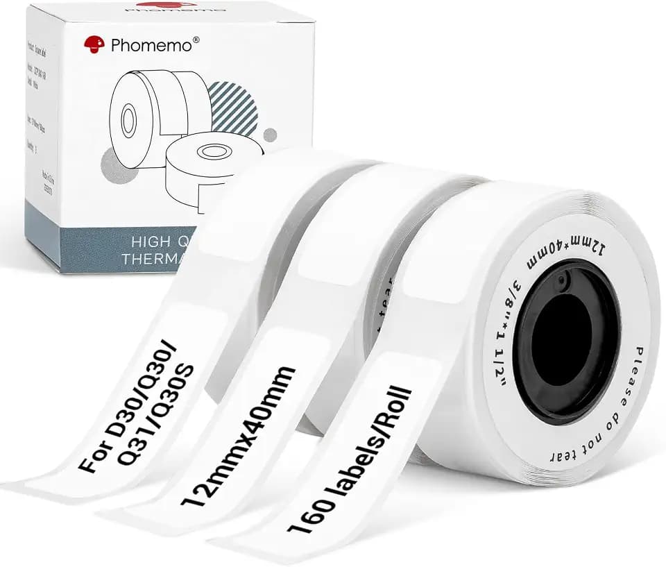 Phomemo D30 Etiketten, Weiß Etiketten Selbstklebend Kompatibel mit Colorwing Q30, D30 Q31 Q30S Etikettendrucker, 12mm x 40mm Schriftband mit 160 Blatt/Rolle, 3 Rollen