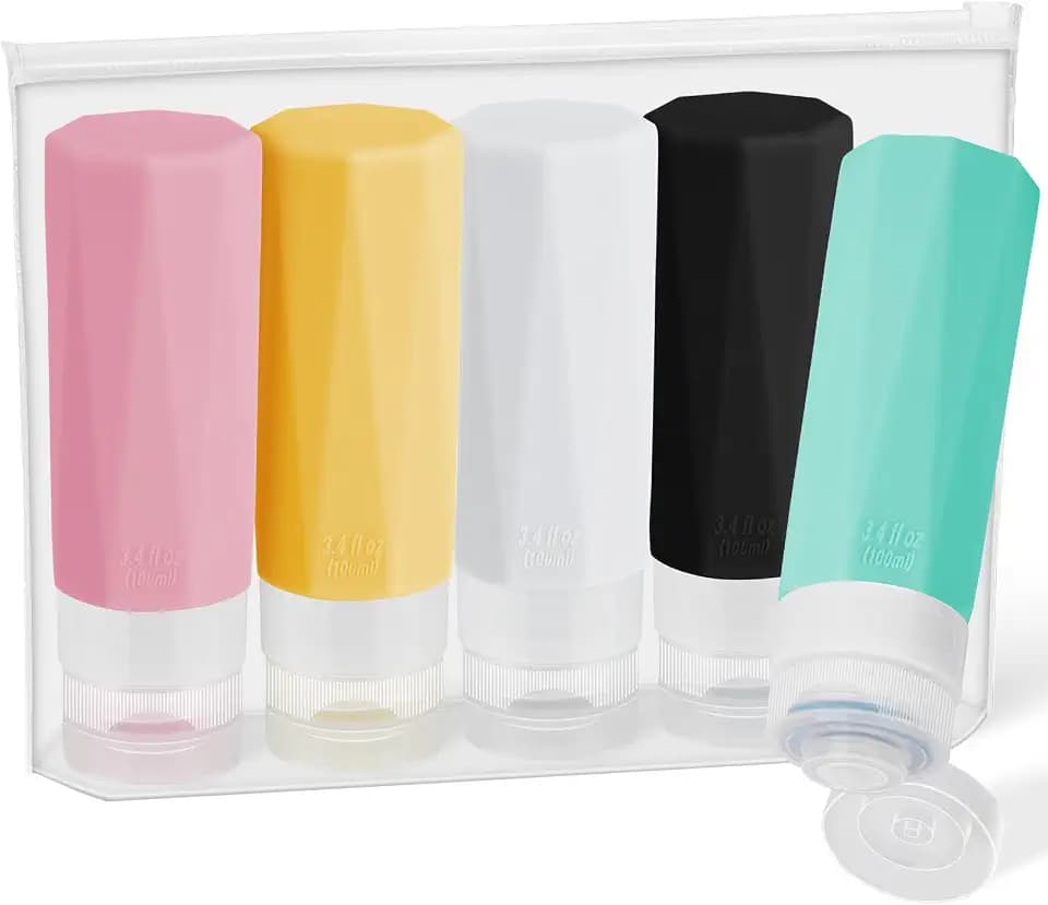 Alyvisun 5 Stück Reiseflaschen Set, 100ml Silikon Reiseflaschen zum Befüllen, Auslaufsicher Reisegröße Behälter mit Aufbewahrungstasche, für Shampoo, Kosmetik, Lotion