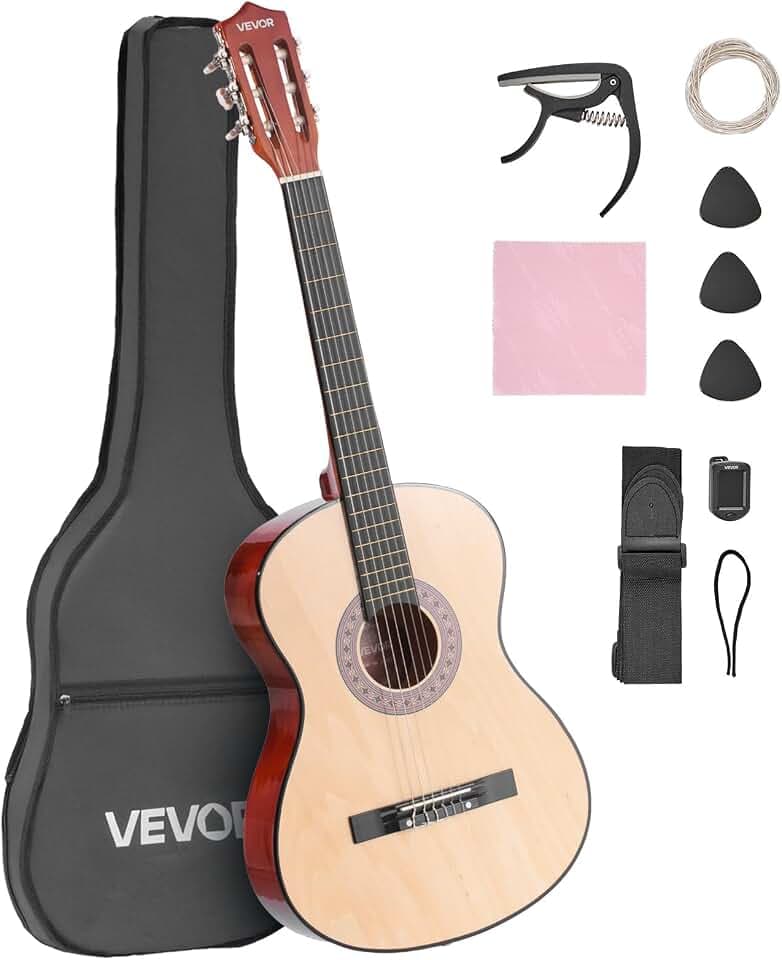 VEVOR Konzertgitarre, 960 mm, Holz-Klassikgitarren-Starter-Set für Anfänger, mit Nylonsaiten, Gigbag, Gurt, Stimmgerät, zusätzlichen Saiten, Plektrum, Kapodaster, Linde, für Einsteiger, Natur