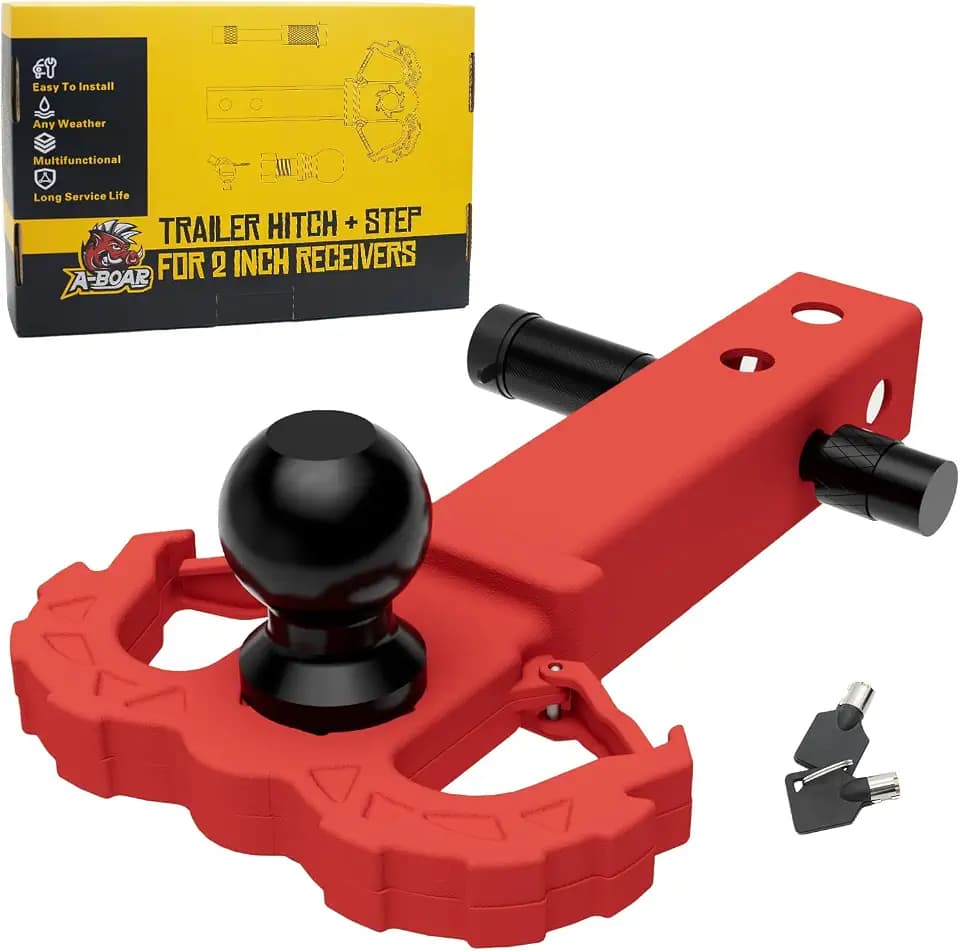 Towing Hitch Step for 2" Receivers, Trailer Hitch with 2-Inch Ball Hitch and Trailer Hitch Pin, Drop Forged Steel Truck Hitch Step, 14 Ton (30000 Lbs) Max Break Strength Tow Hitch Receiver, Red