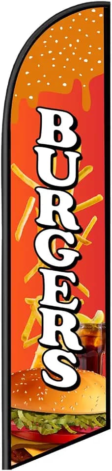 Burgers Swooper Flag, 11.5X2.5Ft Burgers Advertising Windless Feather Flag for Business Outside, Perfect for Restaurants,Taco Trucks, Businesses and Fairs Advertising (Pole not included) (Burgers)