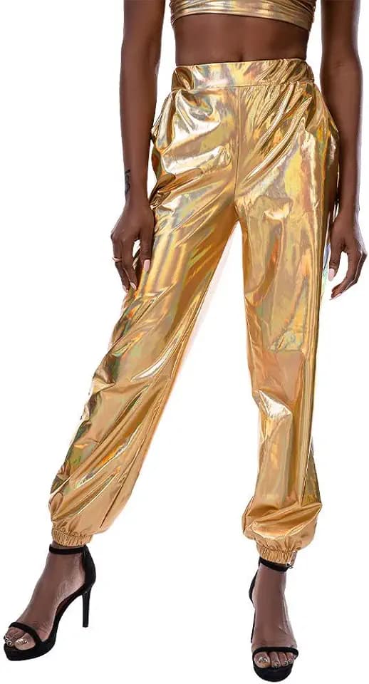 FYMNSI Damen Metallic Glänzed Hose Elastischer Bund Sporthose Locker Freizeit Casual Lang Hose Sweathose Jogginghose Leggins Einfarbig Wet Look Stretch Leggings Tanzhosen Party Disco Clubwear