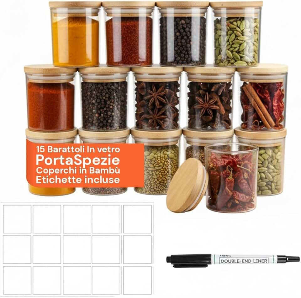 Avilia - Gewürzregal für die Küche aus Glas 170 ml mit Bambusdeckel, Etiketten und Stift im Lieferumfang enthalten, Set mit 15 wiederverwendbaren Gläsern zur Aufbewahrung von Aromen und kreativen