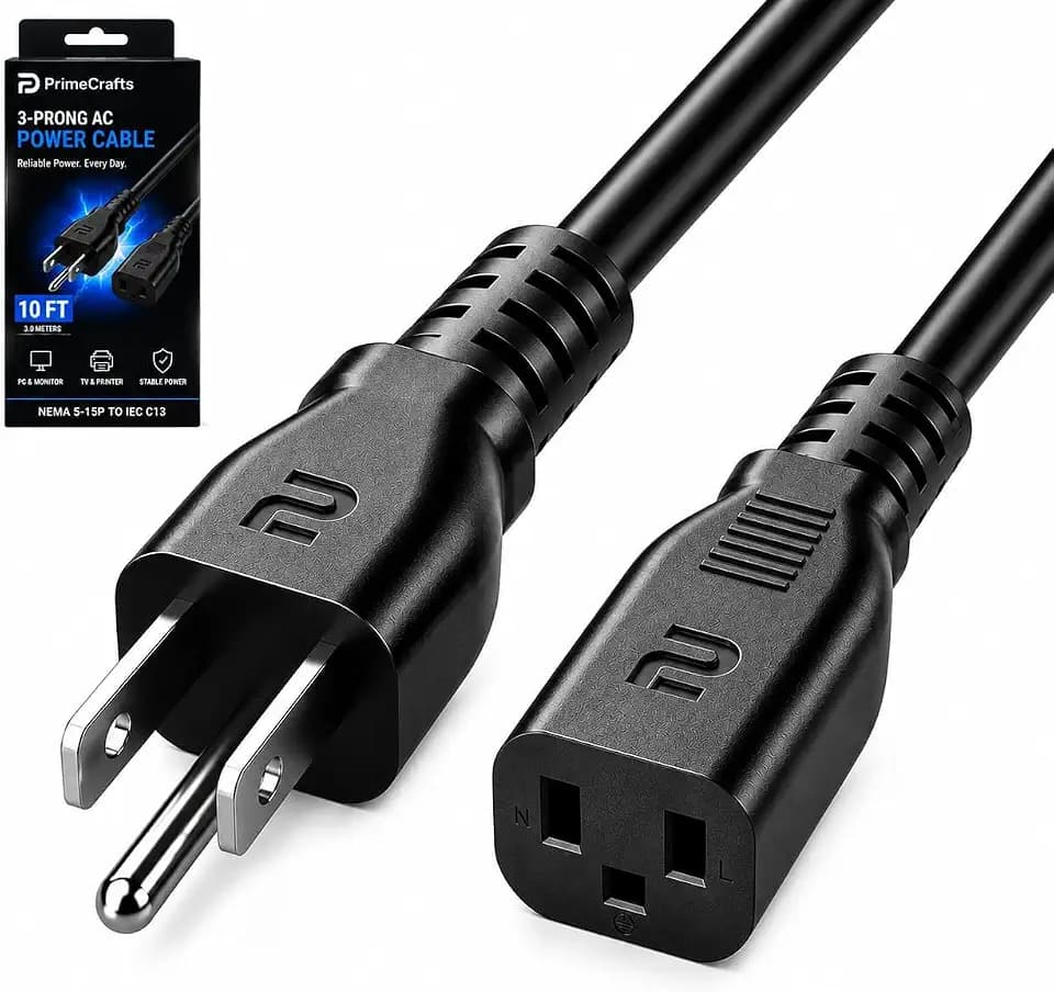 3 Prong AC Power Cord 10 FT/ 3M - NEMA 5-15P to IEC C13 - Computer PC Cable