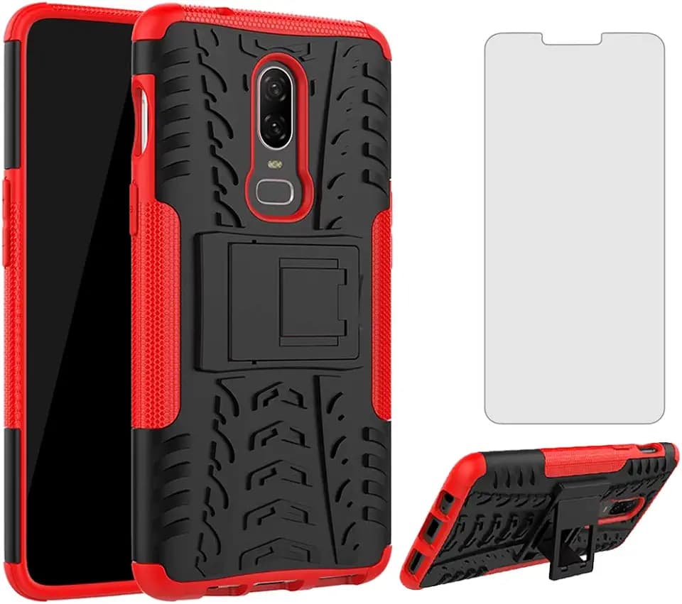 Asuwish Handyhülle für OnePlus 6 Hülle mit Glas Folie Panzerfolie Schutzfolie und Ständer OnePlus6 A6003 Slim Hard Handy Hüllen Schutzhülle Phone Case Männer Rot