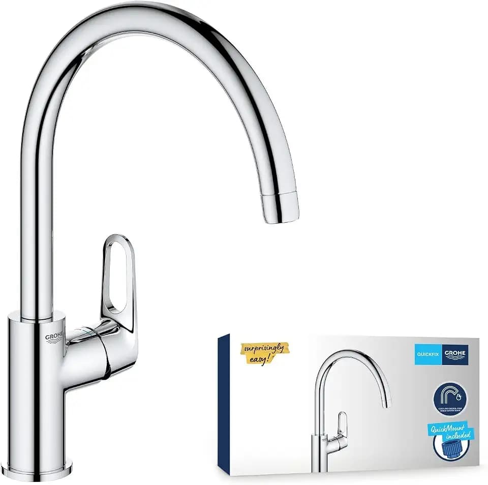 GROHE Start Flow, Küchenarmatur mit hohem Auslauf (Wasserhahn für die Küche, Spültischarmatur mit praktischem 360° Schwenkbereich, werkzeugfreie Spülbecken-Montage), chrom, 31555001