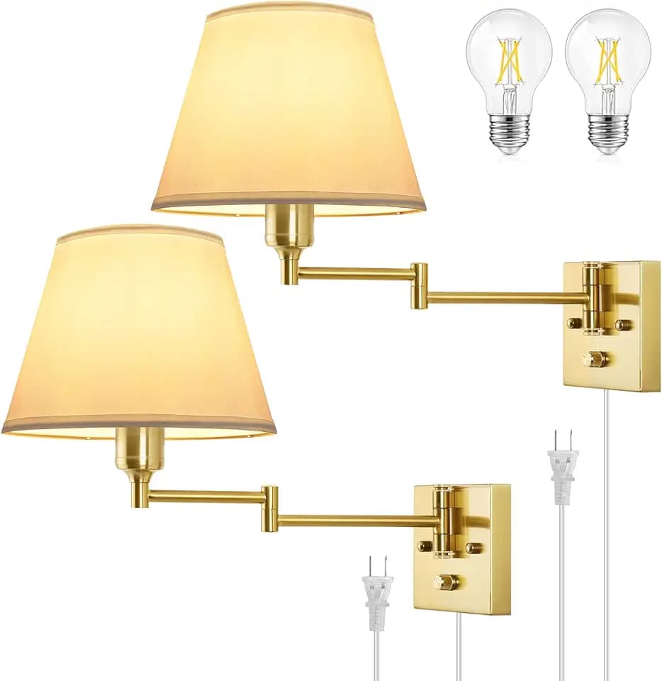 TRLIFE Wall Sconce Plug in, Brushed Brass Dimmable Wall Sconces Set of 2 Swing Arm Wall Lights with Plug in Cord and Dimmer On/Off Knob Switch, 9.4" Medium White Fabric Shade(2 LED Bulbs Included)