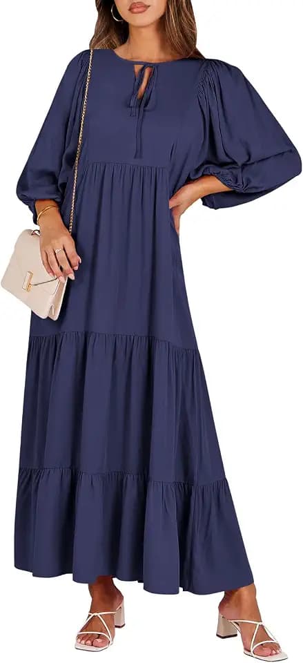 ANRABESS Womens Boho Floral 3/4 Puff Sleeve Maxi Dress
