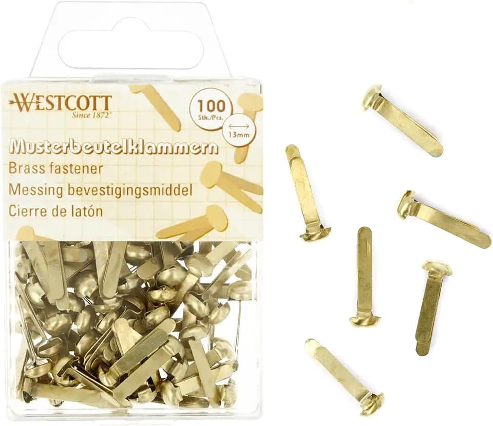 Westcott Musterbeutelklammern 100 Stück | Vorteilspack Messing Musterklammern 13mm mit Rundkopf | Rundkopfklammern für Büro und DIY | E-10592 00