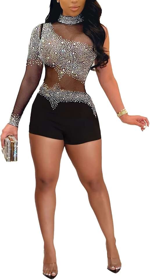 Nagfar Women Sexy Elegant Rhinestone Mesh See Through Bodycon Jumpsuits