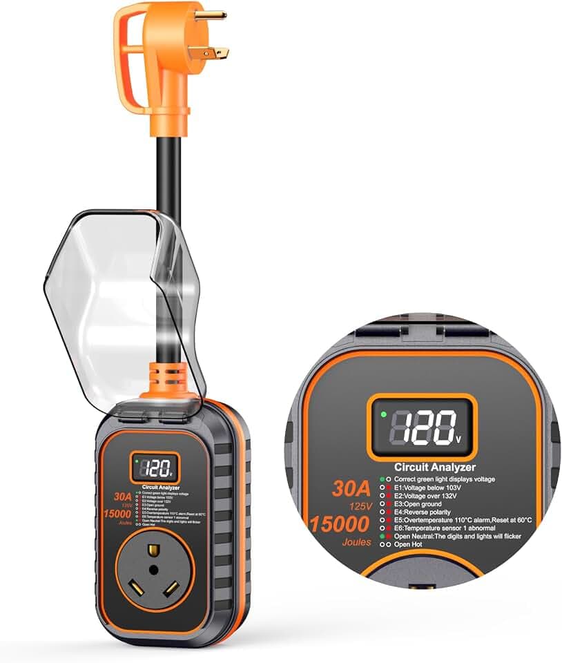 GEARGO 𝟐𝟎𝟐𝟔 𝐍𝐄𝐖 30 Amp RV Surge Protector, 15000J RV Circuit Analyzer with Intelligent LED Display, IP68 RV Adapter Plug with Waterproof Cover for Camper Travel Trailers