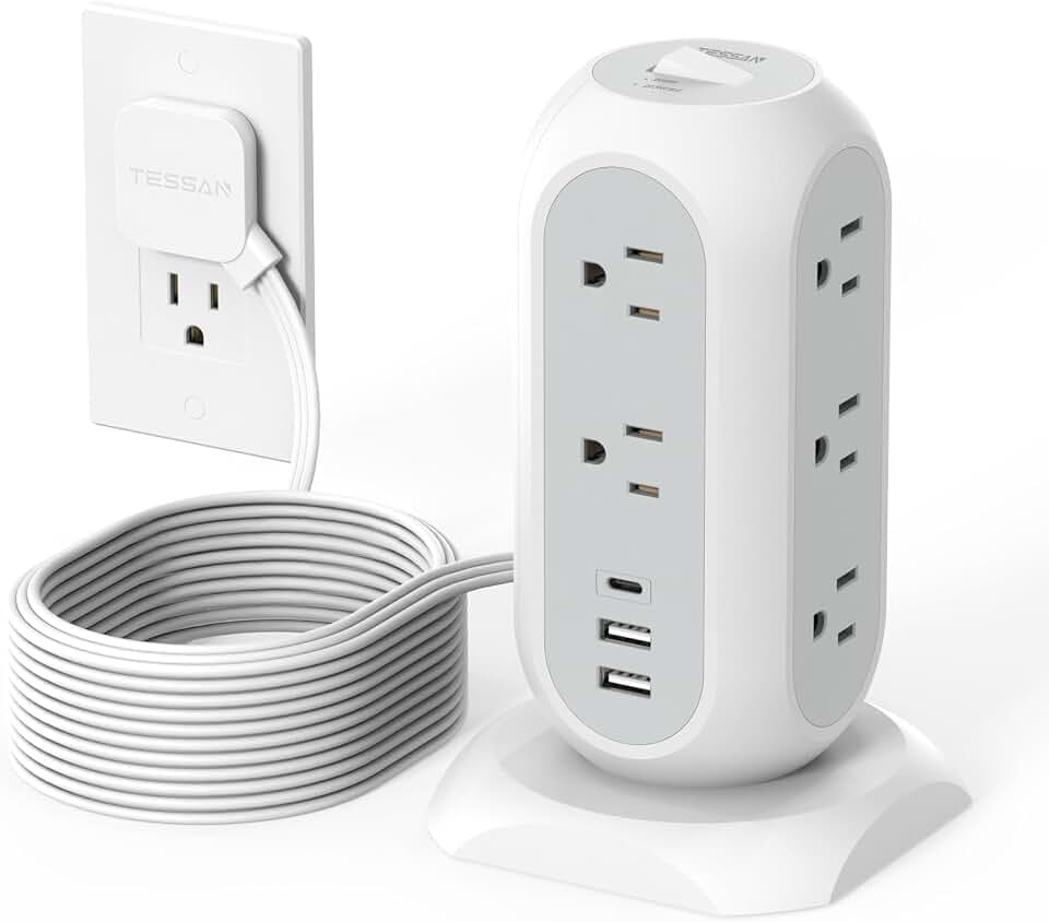 TESSAN Tower Power Strip Flat Plug with 1050J Surge Protection, 15 Ft, Grey