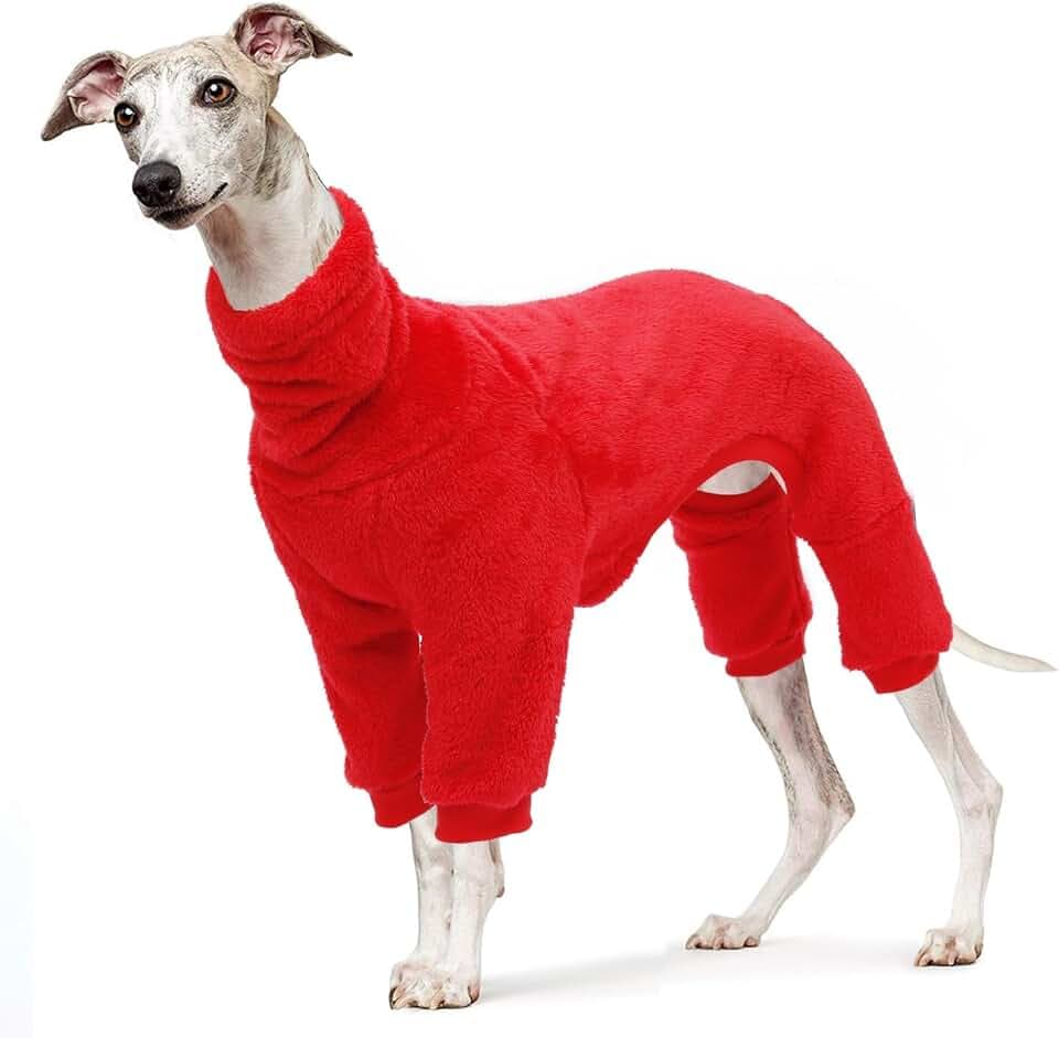 Flauschiger Samtmantel für Windhunde, Whippet-Kleidung mit Beinen, winddichter Rollkragen-Hunde-Overall, Hunde-Fleece-Pyjama, super warmer Winterpullover für Whippet, Lurcher, Saluski-Rot-XL