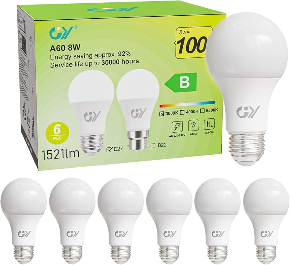GY E27 Led Warmweiss Glühbirne, 8W 1521LM Energiesparlampe, Ersetzt 100W lampen, Energieeffizienzklasse B, A60 Led Warmweiß, Abstrahlwinkel 360°Leuchtmittel, Nicht Dimmbar, 6 Stück