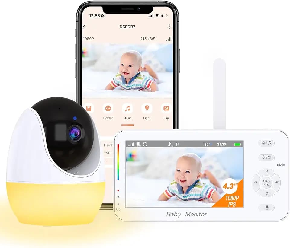Babyphone mit Kamera und App, 4,3 Zoll Babyphone mit Zoom, Nachtsicht, Weinen, Bewegung, Geräuscherkennung, Schlaflieder
