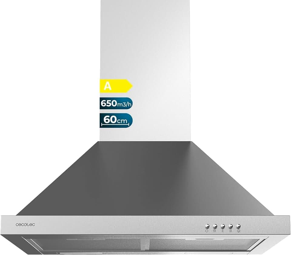 Cecotec Dunstabzugshaube 60 cm Pyramide Bolero Flux PM 606500 Inox A. 165W Motor, Edelstahloberfläche, 650m3/h Absaugung, mechanische Steuerung, 3 Leistungsstufen, Licht und Aktivkohlefilter