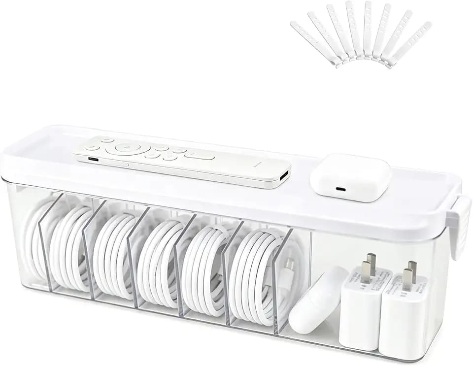 TexHome Clear Cord Storage Organizer Box with Lid, Plastic Charger Cable Organizer with Wire Ties, Electronics Cord Organizer for Drawer, Home & Office Desk