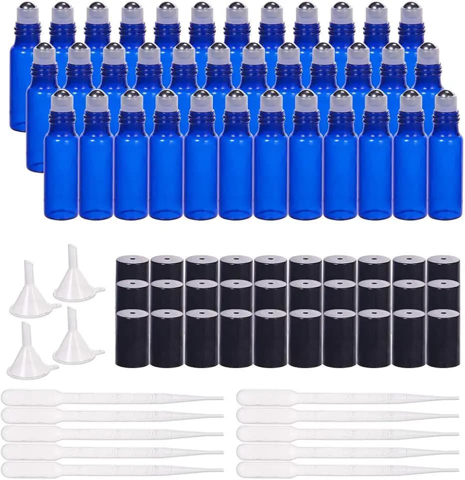 BENECREAT 30er Packung 5ml Kobaltblaue Glas Rollerflaschen mit ätherischen Ölen Rollerflasche mit Edelstahlkugeln, 10er Pipetten und 4er Trichter für ätherische Öle