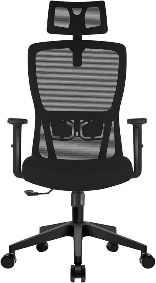 Durrafy Ergonomischer Bürostuhl, Bürostuhl 150 kg belastbar mit Verstellbarer Lordosenstütze und Kopfstütze, Netzstuhl Schreibtischstuhl mit 90°-130° Liegefunktion, Drehstuhl für Home Office, Schwarz