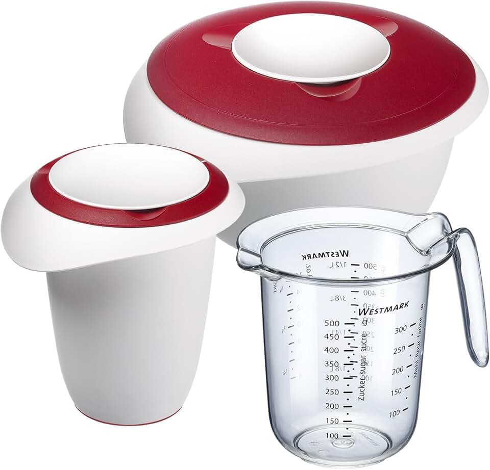 Westmark Back-Set, 3-tlg.: 1 Rührschüssel 2,5 l, 1 Quirltopf 1 l, 1 Messkanne 1 l, Kunststoff, Weiß/Rot/Klar, 315322E7