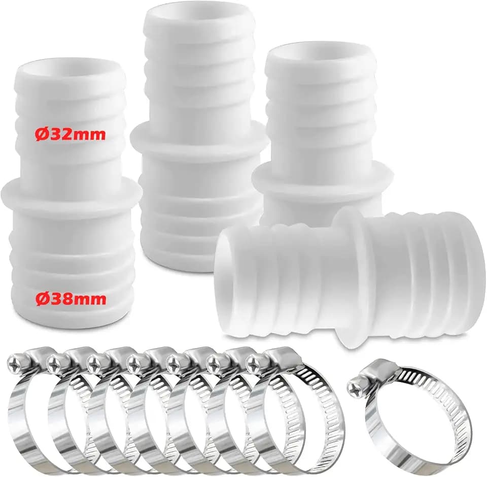 4pcs Schlauchverbinder 32mm auf 38mm Ø Set mit 8 Schlauchschellen-Poolschlauch Adapter-Schlauchadapter-Doppelschlauchtülle(Weiß)
