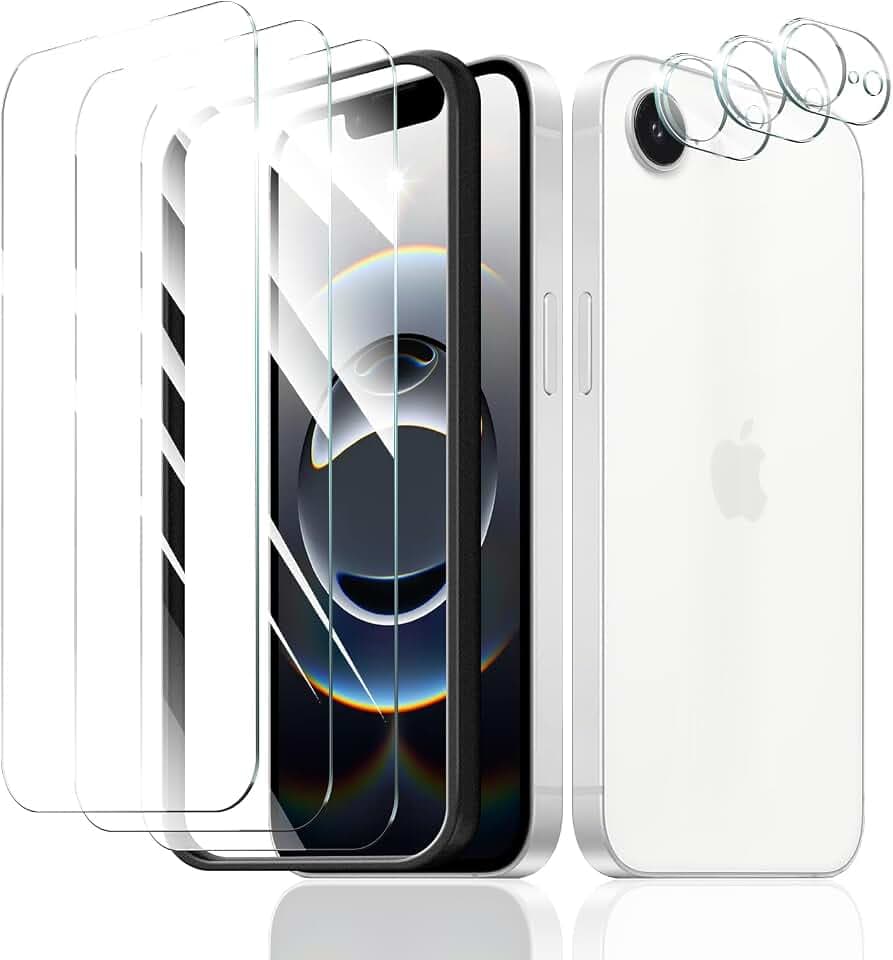 3+3+1-Pack, Screen Protector and Camera Lens Protector for iPhone 17e/16e with Installation Alignment Aid, Tempered Glass Film, Impact-Protection, HD, Anti-Scratch, 9H Hardness
