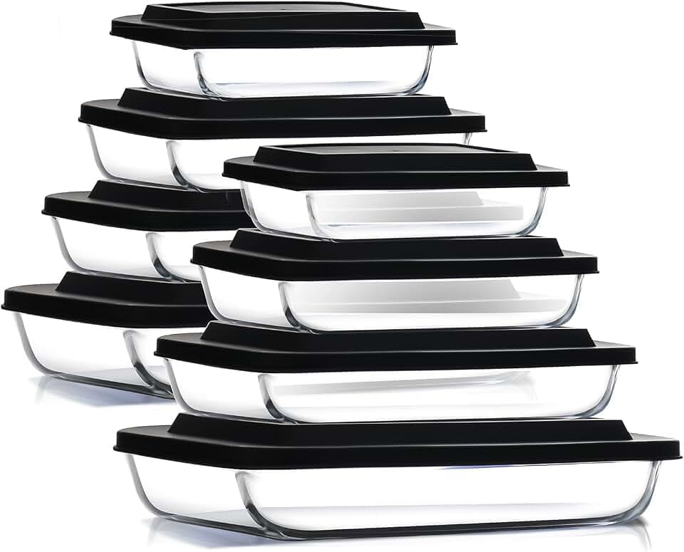 EATEX 16-Piece Deep Glass Casserole Dishes for Oven with Plastic Lids, Glass Baking Dishes for Oven, Rectangular Bakeware for Lasagna, Cooking, Leftovers, Kitchen, Freezer to Oven Dishwasher Safe