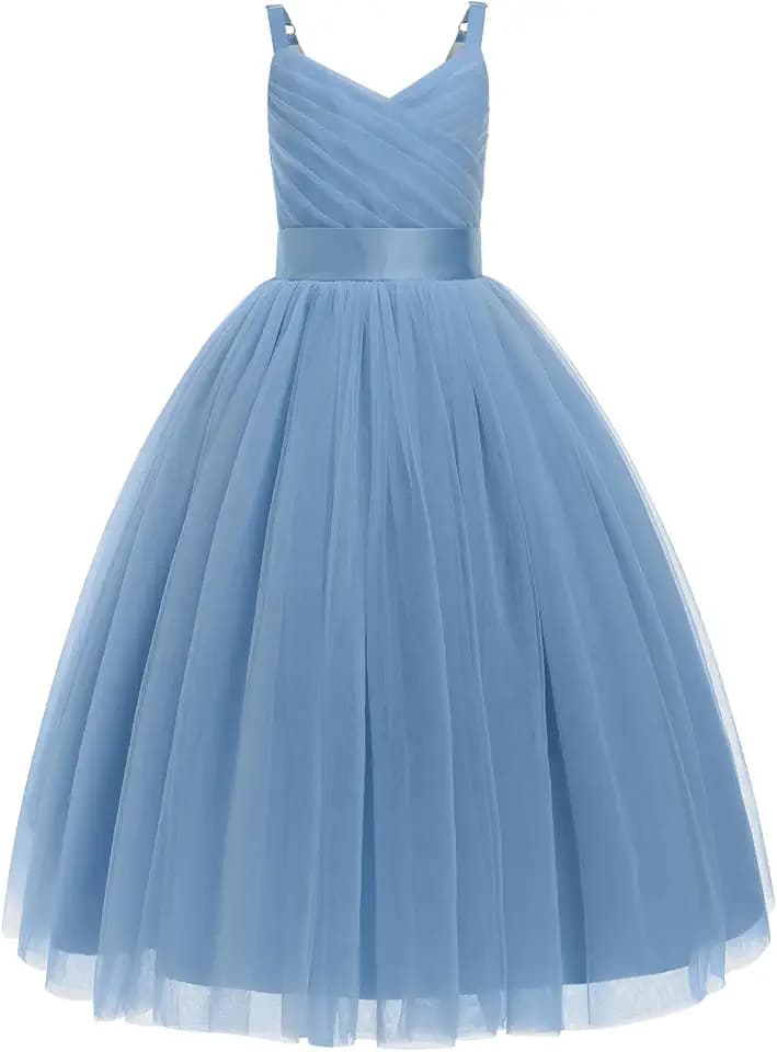 IDOPIP La fille des Fleurs Princesse Kleid lang Plissee Hochzeit Brautjungfer Ballkleid Stickerei Blume Spitze Elegant V-Ausschnitt