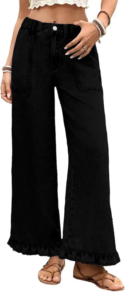 Astylish Wide Leg Jeans for Women Trendy Denim Jean Ruffle Hem Pants