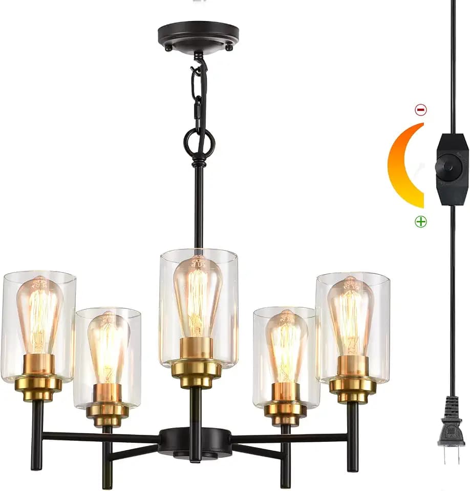 HOXIYA DIMMABLE PRE-Wired Plug in Chandelier with Clear Glass Shade Cord, 5 Light Modern Island Farmhouse Light Fixture, Black and Gold Pendant Ceiling Hanging Lighting for Dining Room