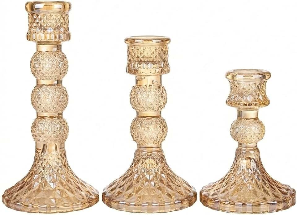 Olrla Bernstein Glas-Kerzenhalter 3-TLG, stufenförmig für Stab- Teelichter