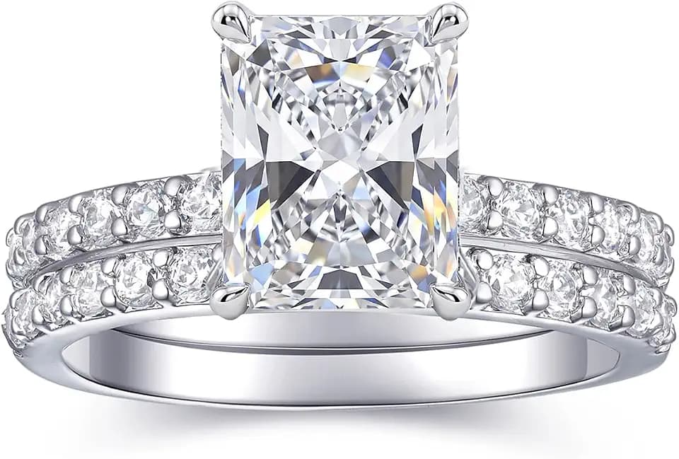 2CT Radiant Cut Travel Engagement Rings for Women, No Tarnish 18K White Gold Plated Sparkle CZ Wedding Band Promise Rings for Her, Anniversary Bridal Ring Set Valentine's Gifts 2PCS, Size 4-11