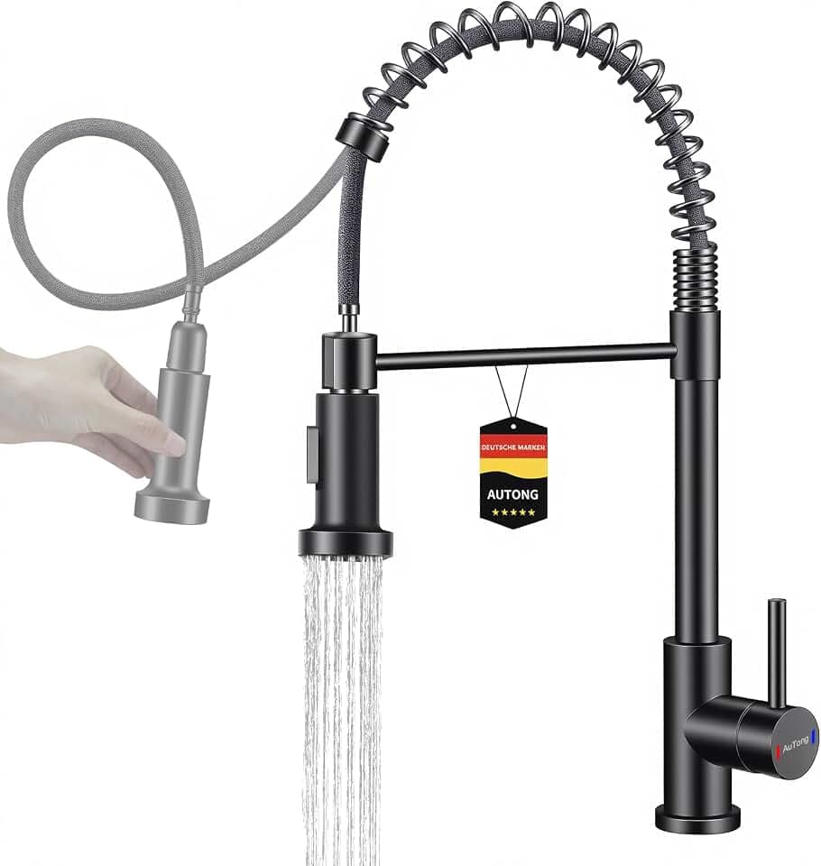 Wasserhahn Küche Schwarz - Hochdruck Küchenarmatur Ausziehbar - 360°Drehbar 3 Sprühfunktionen - Spiralfeder Spültischarmatur Edelstahl - Mattschwarz
