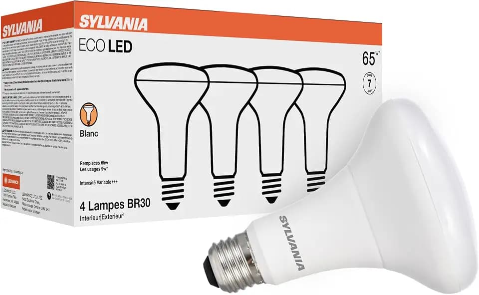 Sylvania ECO LED BR30 Light Bulb, 65W = 9W, Dimmable, Frosted Finish, 650 Lumens, 3000K, Neutral White - 4 Pack (41101)
