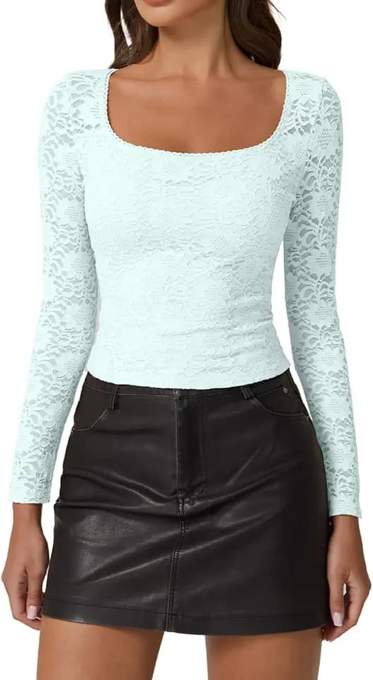 QINSEN Chic Floral Lace Crop Tops for Women Slimming Fit Long Sleeve Square Neck Going Out Basic Shirts
