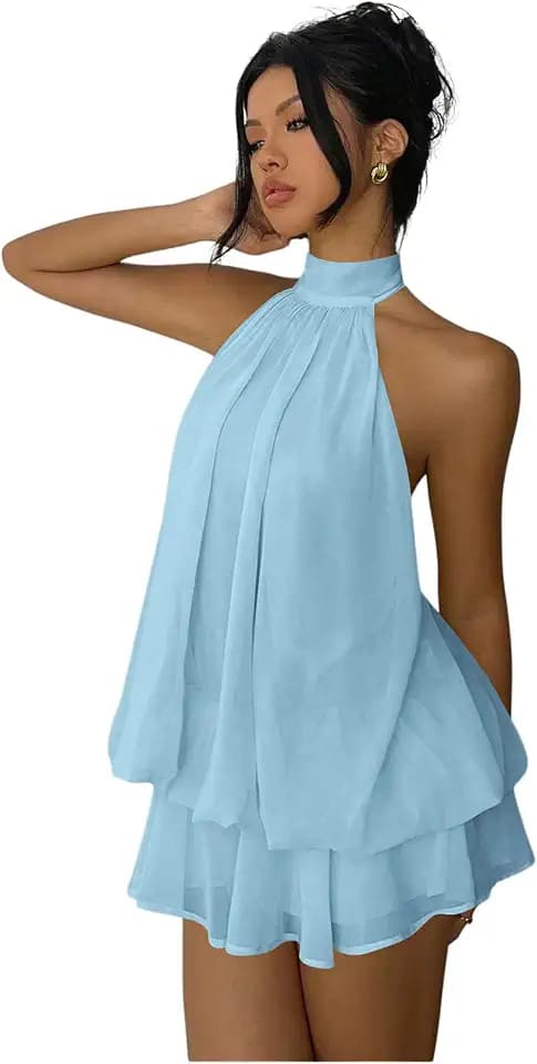 Verdusa Women's Chiffon Halter Drop Waist Flowy Wedding Guest Mini Dresses
