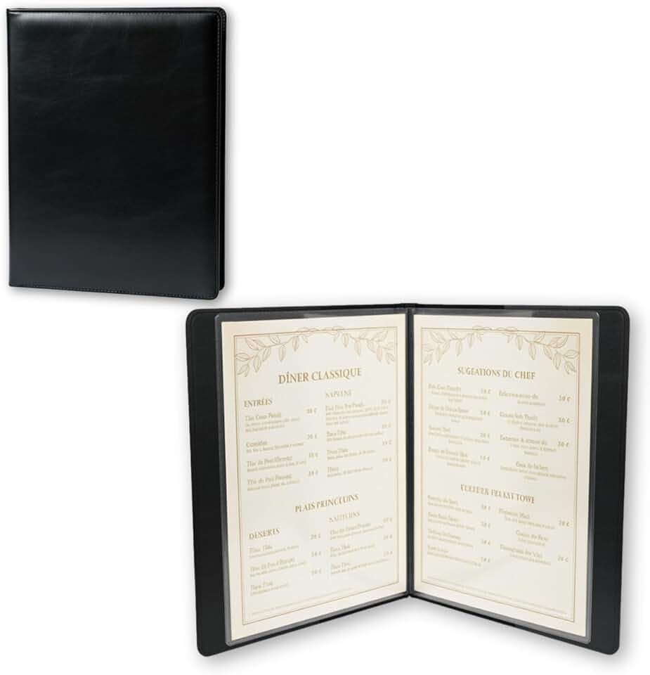 Premium Speisekartenmappe A4 aus PU-Kunstleder – 4 Seiten / 8 Ansichten – Transparente PVC-Hüllen, Abgerundete Ecken, Wasserabweisend – Tiefschwarz für Hotels, Bars & Fine Dining
