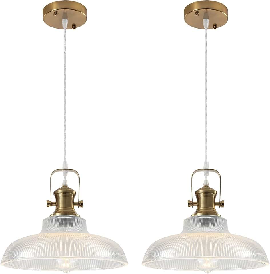 Gold Glass Pendant Lights Kitchen Island, 12in, Modern Kitchen Pendant Lights Fixture, Farmhouse Pendant Lighting for Dining Room Bedroom Bar Sink, 2 Pack